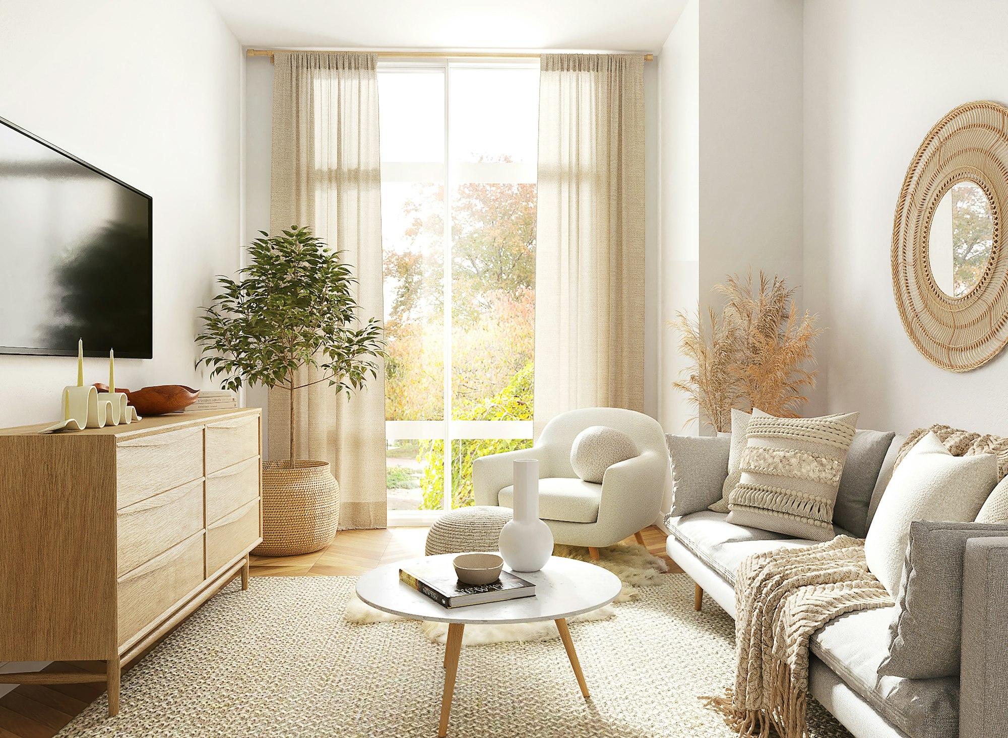 A warm, light-filled living room with sheer curtains